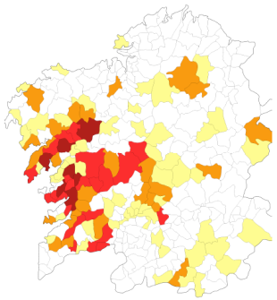 En 2006 na vaga entre a primeira e segunda semana de agosto, este era o mapa por concellos segundo a intensidade do ataque do lume atendendo aos datos que daquela daba Medio Rural