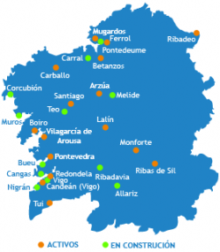 Mapa dos locais de ensaio activos e os que est&aacute;n en construci&oacute;n