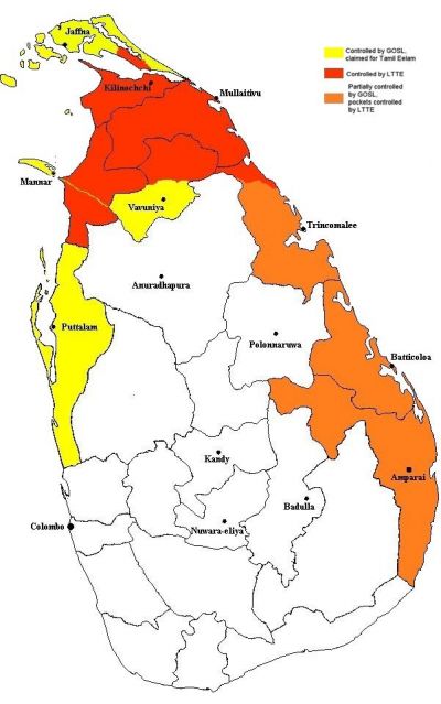 En vermella as zonas controladas polo LTTE (clique para ampliar)
