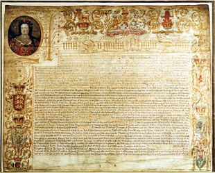 Imaxe dun facs&iacute;mile do Tratado da Uni&oacute;n, no Arquivo Nacional de Escocia