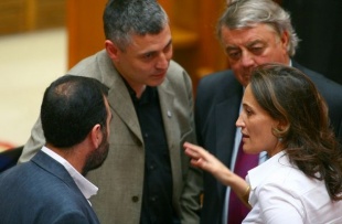 A titular de Vivenda, Teresa T&aacute;boas, conversa cos deputados nacionalistas nunha sesi&oacute;n do Parlamento