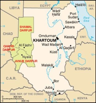 Mapa de Sudán, coa rexión de Darfur destacada