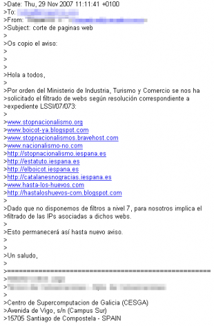 Detalle do aviso enviado polos técnicos do CESGA, onde aparecen as páxinas que o goberno español mandou censurar