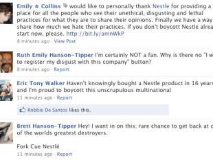 Comentarios contra Nestlé publicados no Facebook
