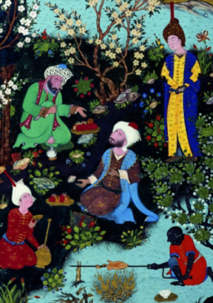 "Firdawsi e os tres poetas da corte de Ghazna" (detalle). Irán, s. XVI, papel.