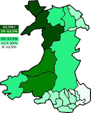 Porcentaxes de falantes de galés segundo área xeográfica