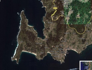 A Península do Morrazo. Punta Couso é o cabo que se mete no mar máis ao norte / Google Maps