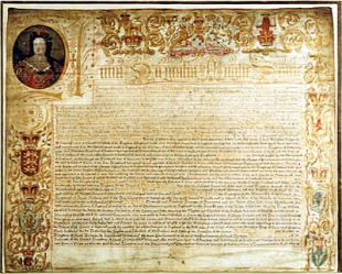 Imaxe dun facsímile do Tratado da Unión, no Arquivo Nacional de Escocia