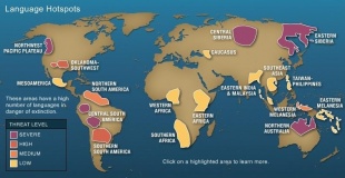 Mapa de lingua ameazadas no mundo (clique para ampliar)