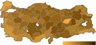 Coloreadas máis escuras as áreas de Turquía onde máis votos conseguiu o AKP en 2007