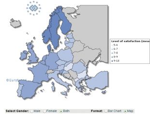 'Mapa da felicidade' na UE (clique para ampliar)
